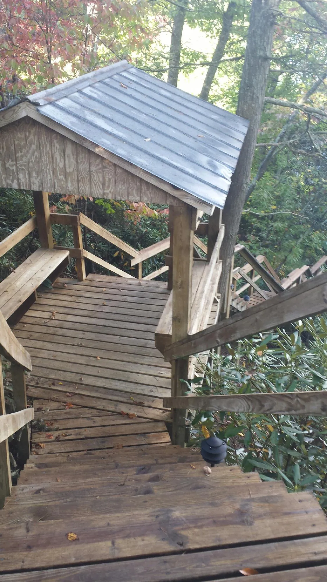 Metal roofed shelter over wooden steps on a wooded walkway — Skylight Repair & Installation work by our crew in Grand Ronde